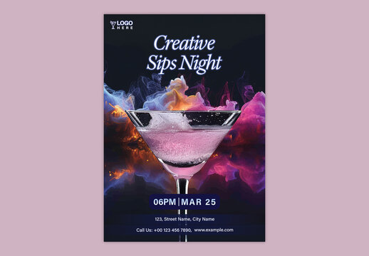 Creative Sips Night Party Flyer with Cocktail Glass and Colorful Smoke for Art and Wine Event Promotion, Editable Design.