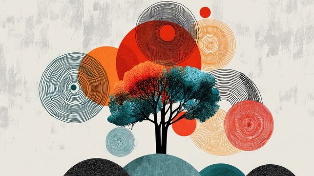 Abstract art with a tree and colorful circles - Powered by Adobe
