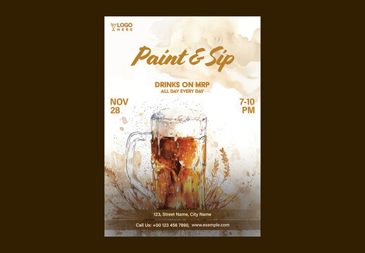 Paint and Sip Party Flyer with Watercolor Beer Mug Illustration for Casual Art and Drink Event Promotion, Editable Design.