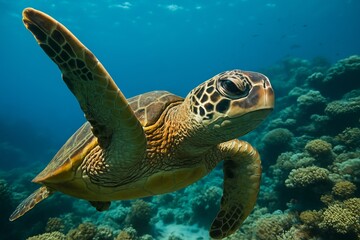 Obraz premium Sea turtle swimming gracefully through clear turquoise ocean water above coral reef under bright sunlight