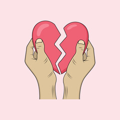 Hand holding broken heart. Vector illustration