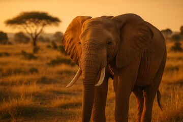 Fototapeta premium Solitary African elephant standing in golden savanna near acacia tree under warm sunset sky with soft orange light