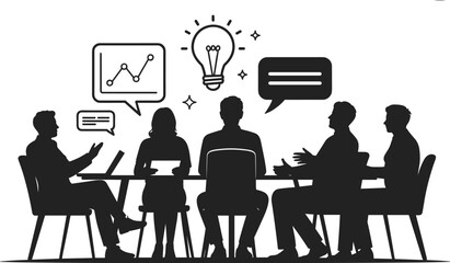 Silhouette of business team meeting, discussing ideas, planning strategy, analyzing data, brainstorming innovation, corporate collaboration, teamwork communication at conference table