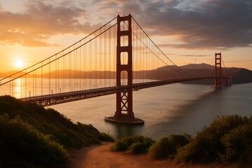 Obraz premium Golden Gate Bridge in San Francisco against dramatic orange sunset sky with calm bay waters and suspension cables