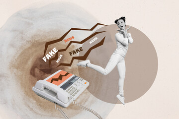 Pop surreal collage of person stand near telephone with fake lie on brown background