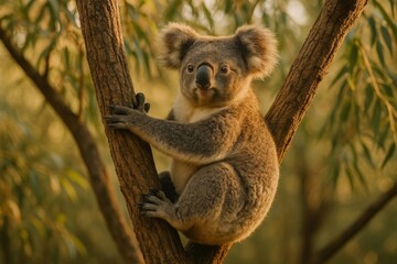 Naklejka premium Adorable koala clinging to eucalyptus tree branch in sunlit forest environment