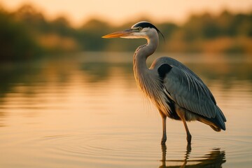 Naklejka premium Great blue heron wading in calm water at sunset with warm golden reflections and a soft blurred background