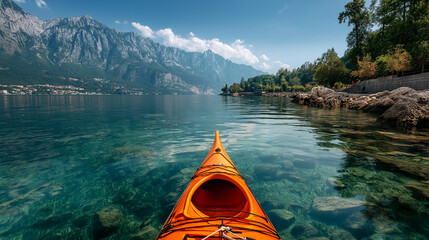 An orange kayak floats on a crystal-clear lake, surrounded by lush greenery, reflecting tranquility, adventure, and pristine natural beauty.