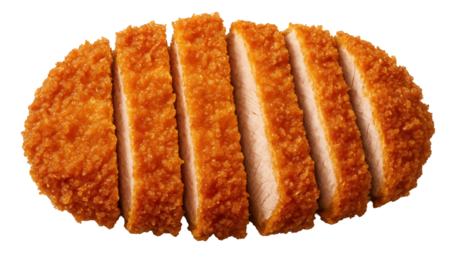 Katsu pork cutlet sliced into strips, the crispy outer layer contrasting the juicy interior.