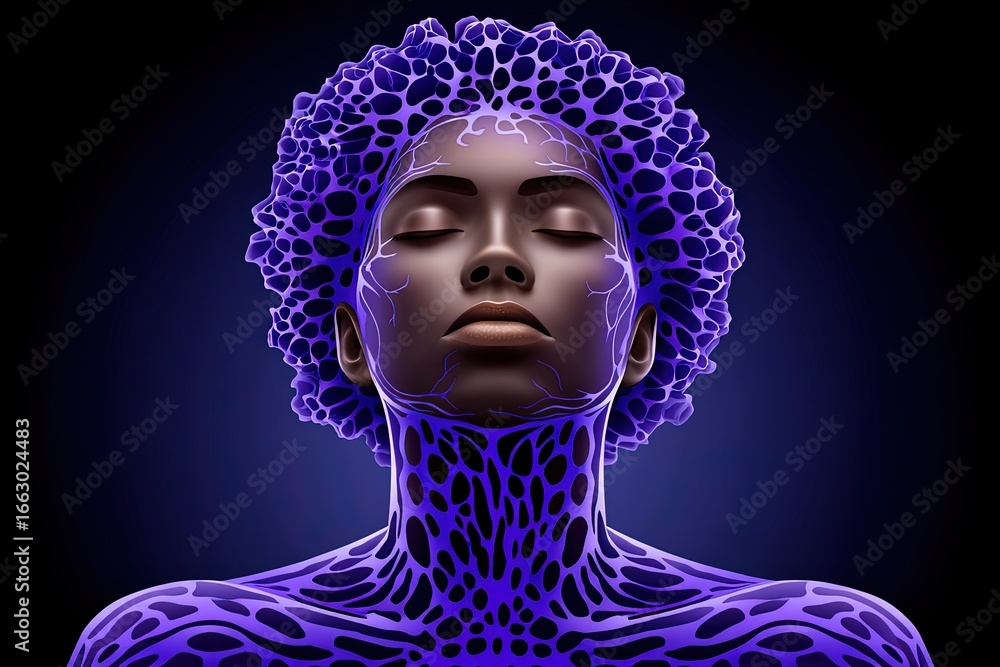 Poster ethereal female figure adorned with intricate biomorphic patterns emanating a sense of digital trans