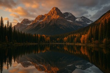 Fototapeta premium Majestic mountain peak reflected in a calm alpine lake surrounded by evergreen trees at sunrise with golden light and clear sky