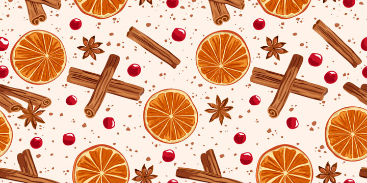 Seamless Winter Spice Pattern with Dried Orange Slices, Cinnamon, Star Anise and Cranberries Vector Background