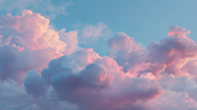 A pastel cloudscape with soft pink and white clouds, creating a dreamy, serene, and delicate sky filled with gentle light.