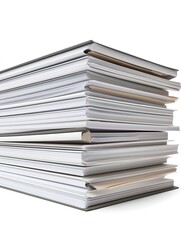 Stack of books and magazines on a white background