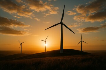 Obraz premium Silhouettes of wind turbines standing on rolling hills against a dramatic orange sunset sky, harnessing renewable energy in the countryside