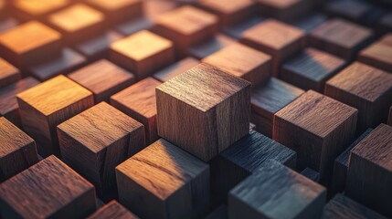 Obraz premium A wooden block structure with a single large wooden block in the center, surrounded by smaller wooden blocks, with a warm, golden light illuminating the scene,