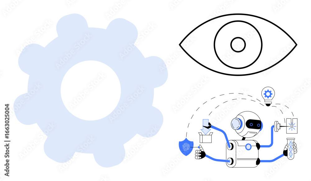 Poster gear, eye, and robot interacting with data show ai, analytics, and innovation. ideal for technology,