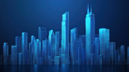 Obraz premium A futuristic city skyline rendered in a blue wireframe style, showcasing a blend of modern architecture and technology, ideal for use in tech presentations, urban development projects, or digital art