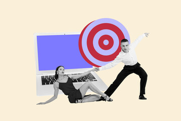 Banner full image sketch collage of happy businessman businesswoman stand laptop device target icon...
