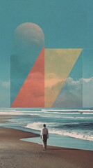 A solitary figure walks a beach, a stylized geometric composition with a celestial body and muted colors