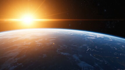Fototapeta premium A breathtaking view of Earth from space at sunrise, capturing vibrant colors and the curvature of the planet, Ideal for projects related to astronomy, environmental awareness, or inspirational themes