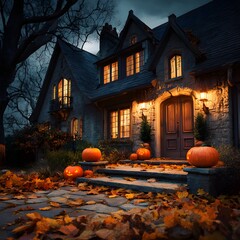 Obraz premium Halloween-Decorated House with Pumpkins and Autumn Leaves