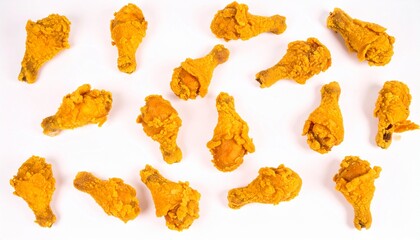 Naklejka premium Multiple pieces of golden, crispy fried chicken drumsticks scattered on a white background. Perfectly breaded and fried for a crunchy, savory fast food snack or meal option.