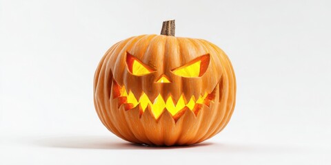 Fototapeta premium The glowing carved pumpkin with a menacing expression for Halloween festivities