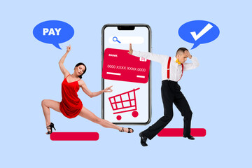 Composite trendy magazine photo collage of happy girl guy stand phone screen credit card search tab...