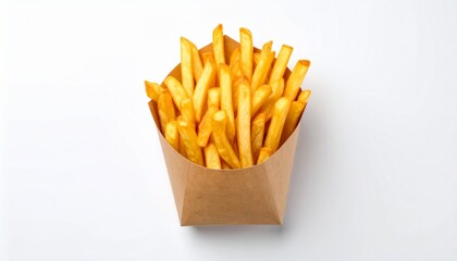 Golden crispy French fries served in a brown paper container mockup on white background. Perfect fast food snack showcasing fresh, crunchy texture and minimalist packaging design.