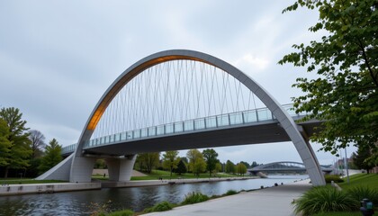 Obraz premium a contemporary bridge arch using composite steel and concrete shells with embedded tension cables producing durable modern curved architectural forms