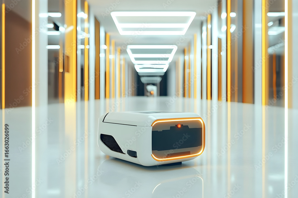 Poster futuristic robotic device with sleek design is navigating a modern corridor illuminated by bright li