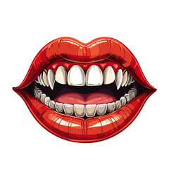 Naklejka premium Mouth with vampire teeth vector color illustration. Lips with fangs image halloween print and design element on isolated background.