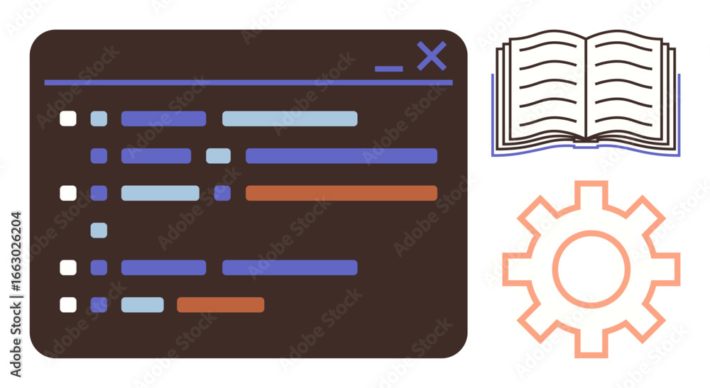 Aufkleber dark coding interface with colored code lines, an open book, and a gear highlighting programming, le