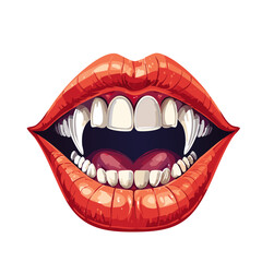 Naklejka premium Mouth with vampire teeth vector color illustration. Lips with fangs image halloween print and design element on isolated background.