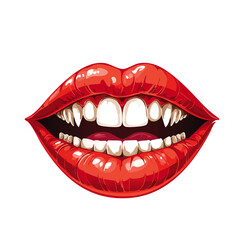 Fototapeta premium Mouth with vampire teeth vector color illustration. Lips with fangs image halloween print and design element on isolated background.
