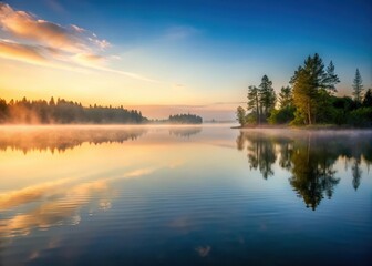 Fototapeta premium Serene lake at dawn with misty fog rolling in