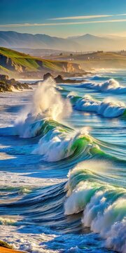 Powerful ocean waves hitting the shore of Quintay Beach in Chile with foamy crest and spray