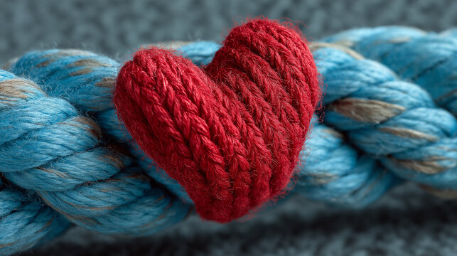 A red knit heart rests on a blue twisted rope background, creating a cozy, handmade, and visually striking composition.