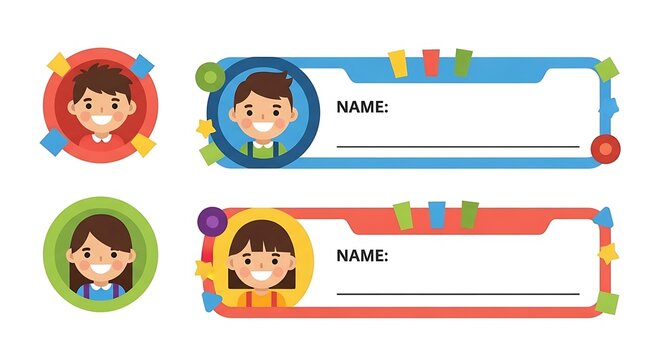 Cartoon Children Name Tags With Pictures And Blank Space For Text nameplate label