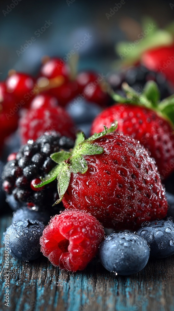 Aufkleber close-up of assorted fresh berries covered with water drops, creating a vibrant and appetizing displ