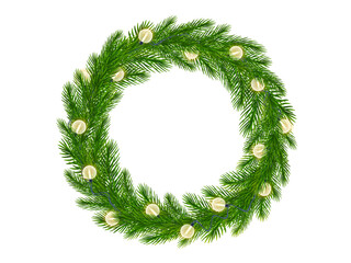 Christmas wreath of realistic green fir tree, coniferous branch, spruce twigs with bright lights. Vector Christmas tree branches wreath with garland round bulbs for holiday New Year, Xmas designs