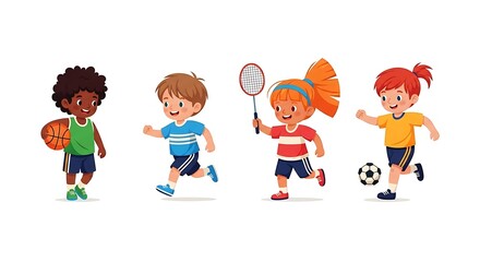 Diverse Children Engaged in Various Sports Activities on a White Background kids basketball