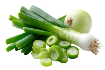 Fresh green onions and sliced scallions healthy ingredient for cooking and culinary uses isolated on transparent background