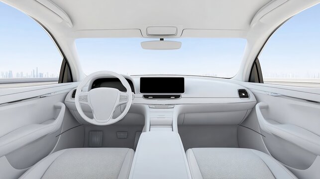 A sleek, modern car interior showcases a minimalist design with white tones and a large digital display, Ideal for automotive advertising, interior design concepts, or technology promotion,