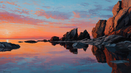 Rocky shoreline at sunset with warm golden reflections on calm water, highlighting dramatic rocks, serene atmosphere, and vivid sky colors.