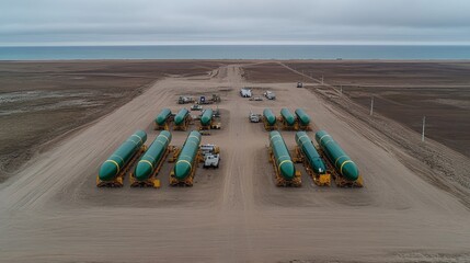 Aerial view of large green marine structures neatly arranged in a remote coastal area, suitable for illustrating logistics, manufacturing, or marine engineering topics in presentations, reports