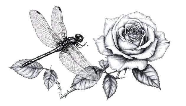 Detailed pencil sketch of a dragonfly and rose
