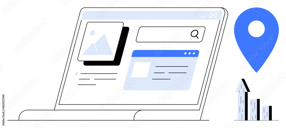 Poster laptop displaying a search engine interface, featuring search bar, image, and webpage preview. blue 