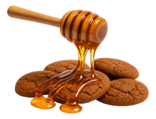 Honey drips from a bamboo dipper, creating a shiny pattern over a group of molasses cookies.